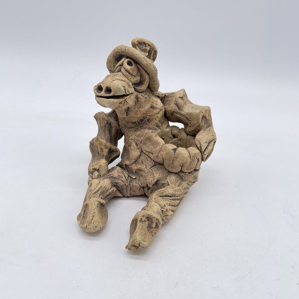 Handmade Folk Art Clay Sculpture Signed Whimsical Figure Primitive Art 4”